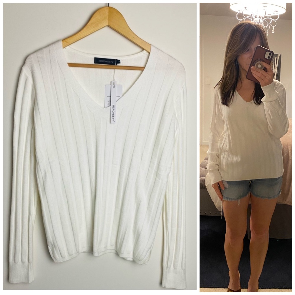 NWT White Ribbed V-Neck Sweater Long Sleeve SMALL